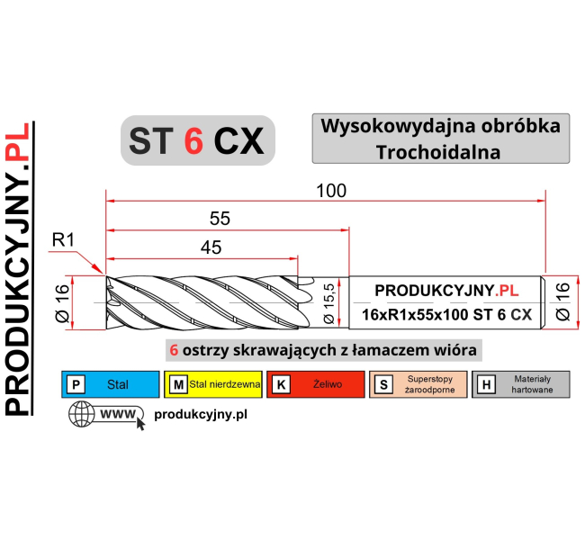Frez trochoidalny fi 16 R1 ST 6 CX z łamaczem wióra